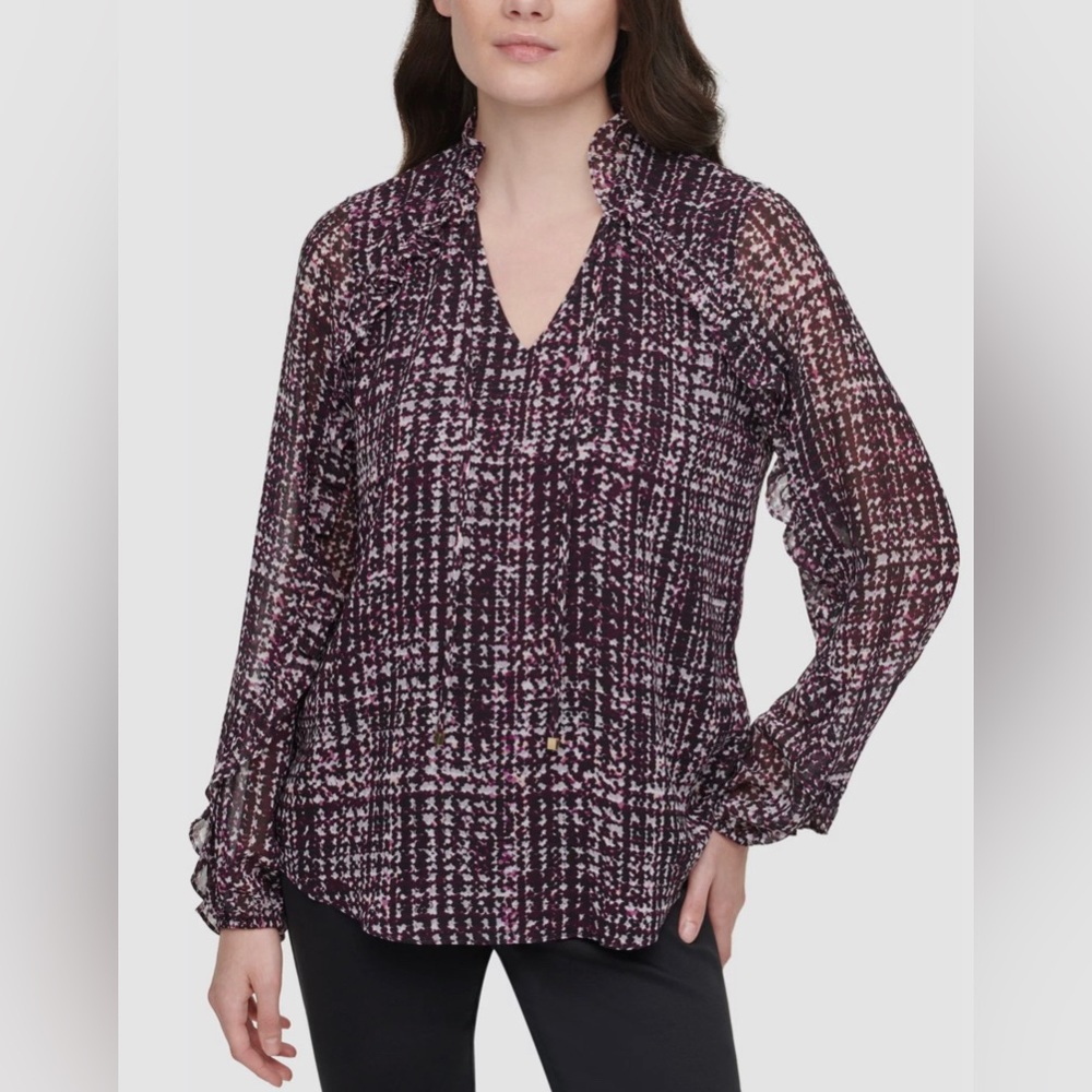 CALVIN KLEIN women’s purple ruffled tie printed blouse